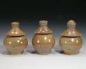 Three Covered Pots 6" x 4", Flashing slip, white liner glaze